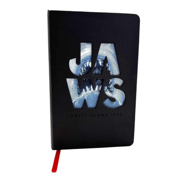 Black notebook with 'Jaws' design on a white background. Jaws Hardcover Journal Hardcover 50th Anniversary Edition